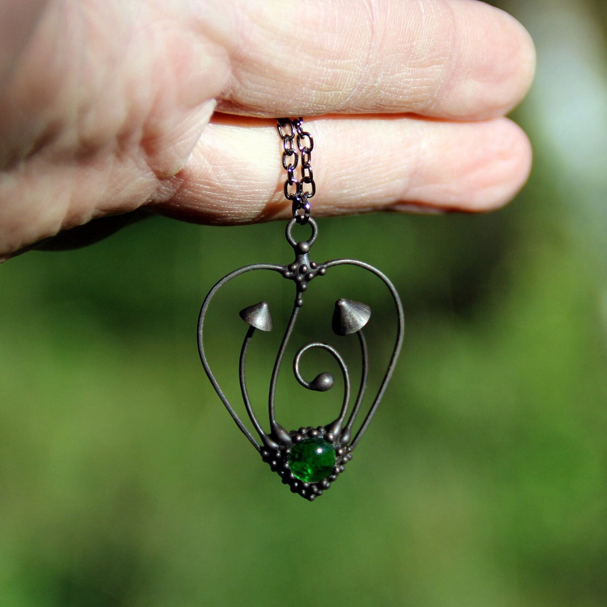 Green Glass Mushroom Heart Necklace – Blackened Copper