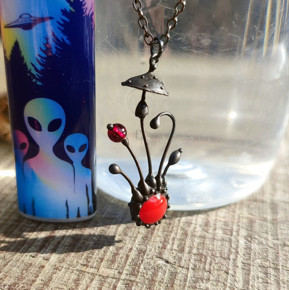 Red Glass Amanita Mushroom Necklace – Blackened Copper & Pewter Forest Pendant