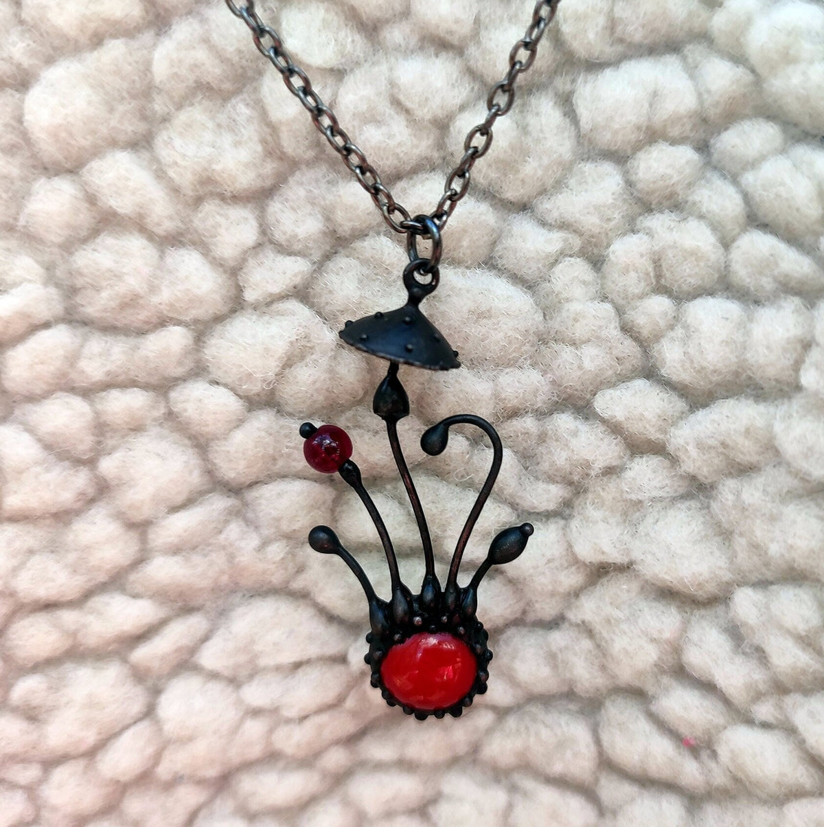 Red Glass Amanita Mushroom Necklace – Blackened Copper & Pewter Forest Pendant