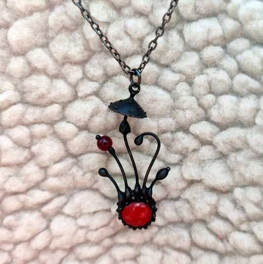 Red Glass Amanita Mushroom Necklace – Blackened Copper & Pewter Forest Pendant