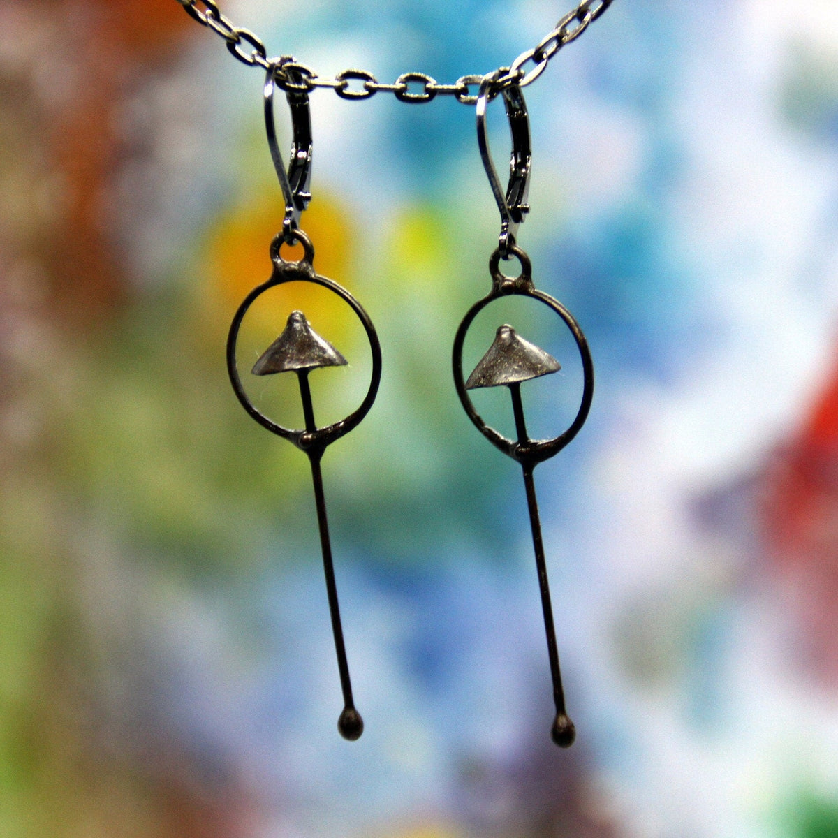 Black Mushroom Earrings – Long Copper & Pewter Forest Dangles – Minimalist Botanical