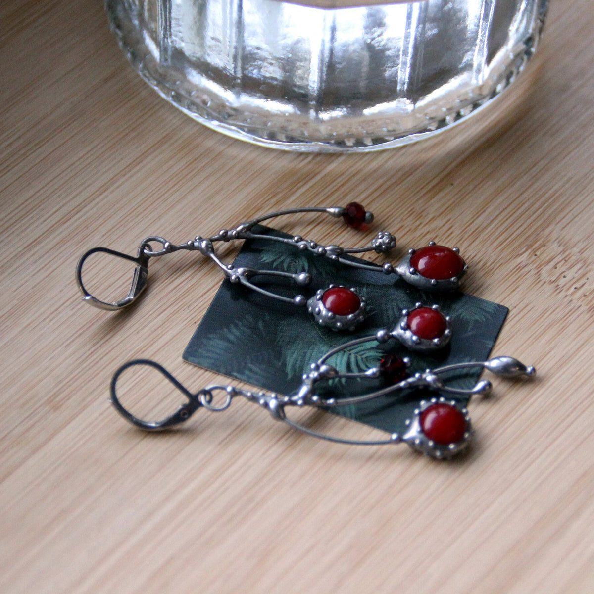 Red Glass Branch Earrings – Silver Tone