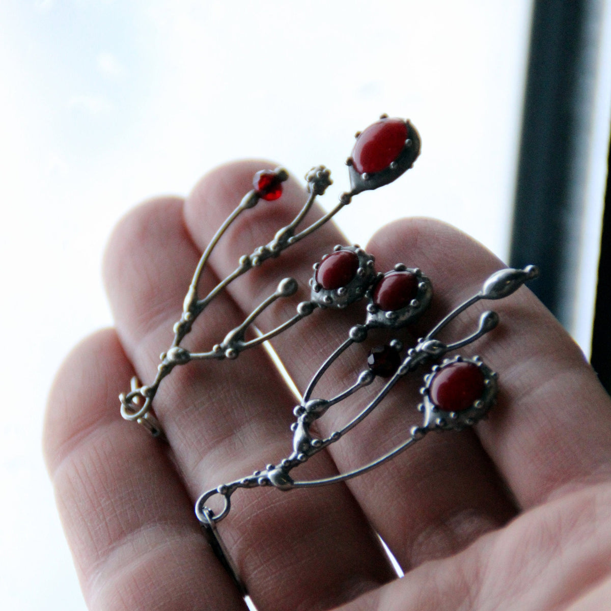 Red Glass Branch Earrings – Silver Tone