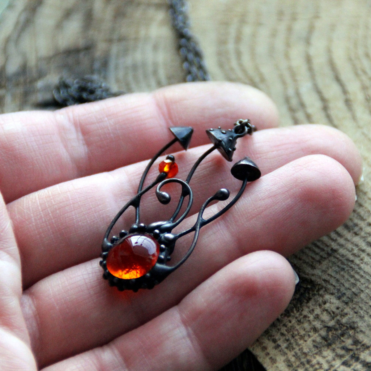 Orange Glass Mushroom Cluster Necklace – Blackened Copper