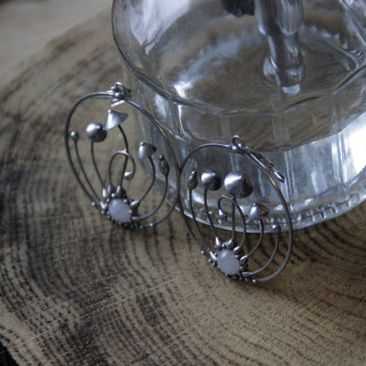 Pink Quartz Mushroom Hoop Earrings – Silver Tone