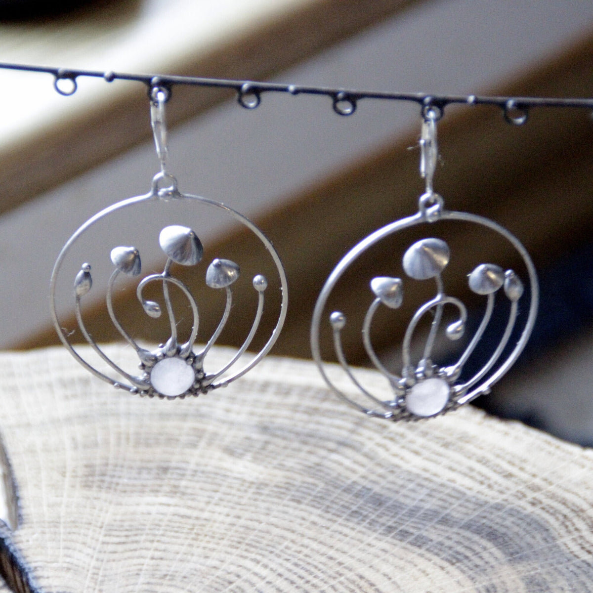 Pink Quartz Mushroom Hoop Earrings – Silver Tone