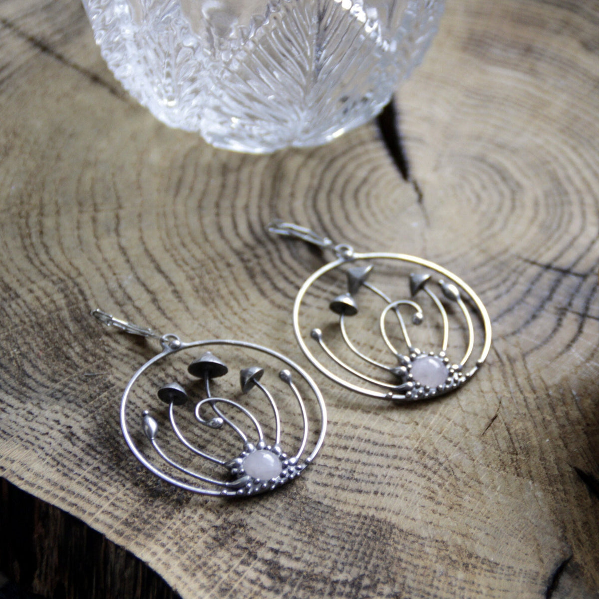 Pink Quartz Mushroom Hoop Earrings – Silver Tone