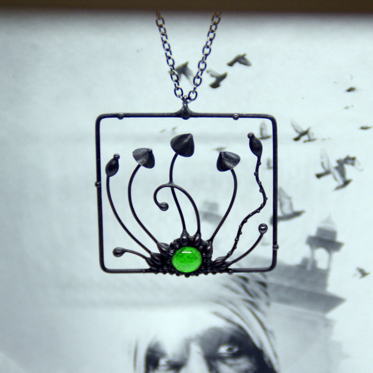 Green Glass Mushroom Necklace – Blackened Copper Square Forest Pendant – Psychedelic Botanical