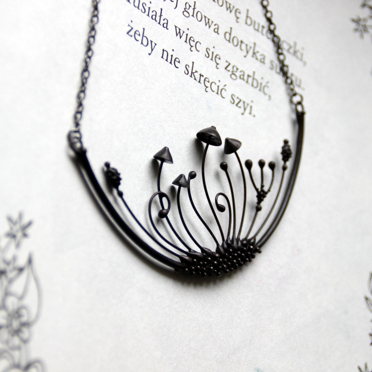 Four Mushroom Crescent Collar Necklace – Blackened Copper