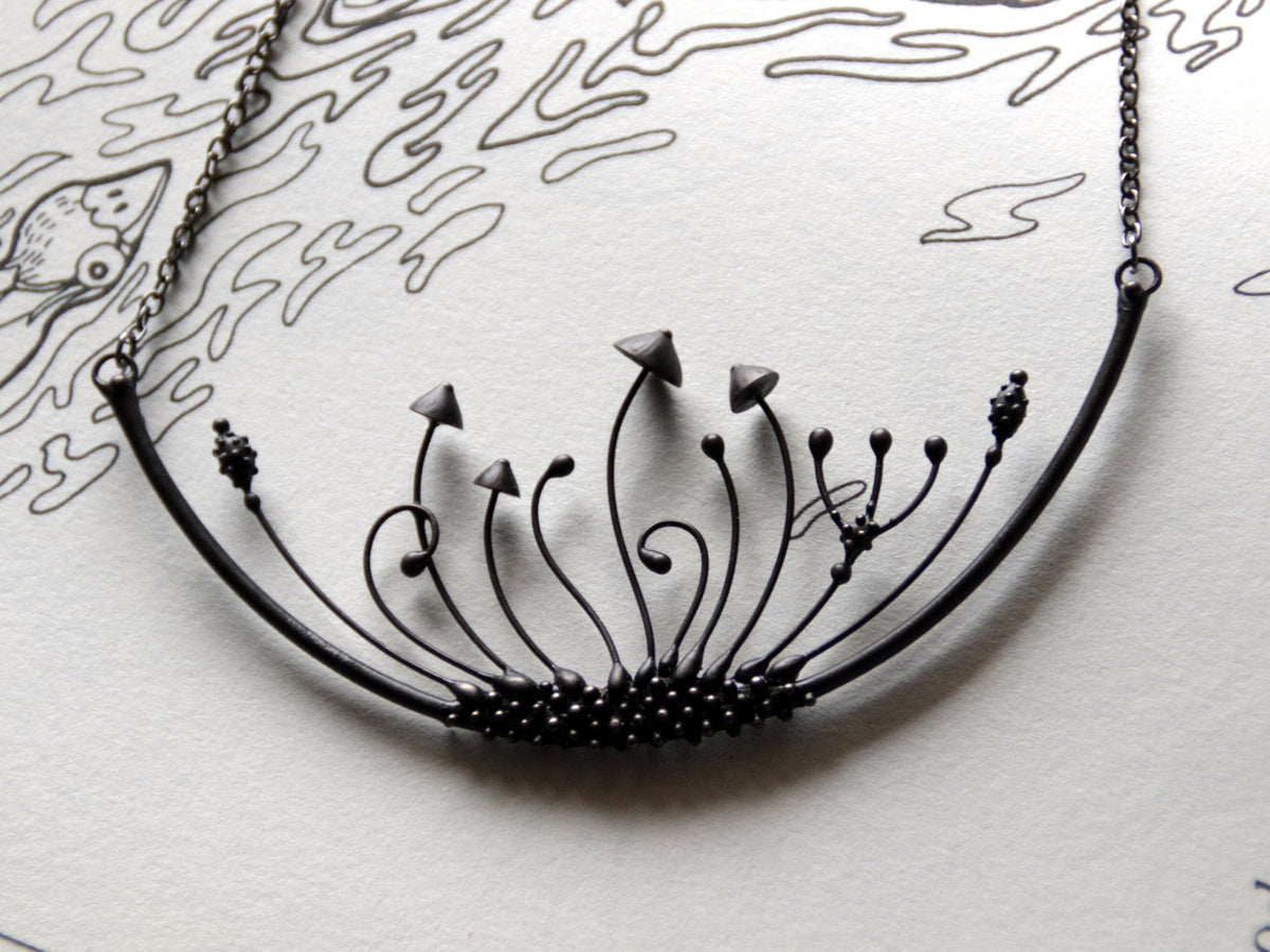 Four Mushroom Crescent Collar Necklace – Blackened Copper