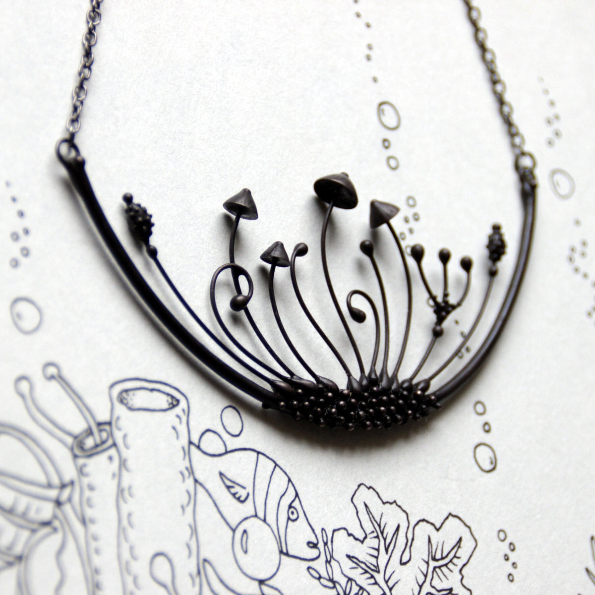 Four Mushroom Crescent Collar Necklace – Blackened Copper