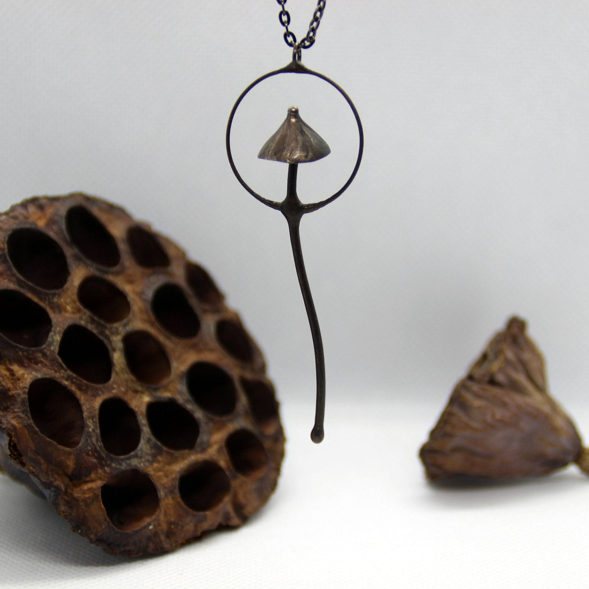 Single Mushroom Pendant Necklace – Blackened Copper