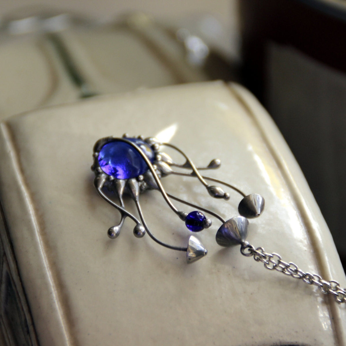 Blue Stained Glass Mushroom Cluster Necklace – Silver Tone