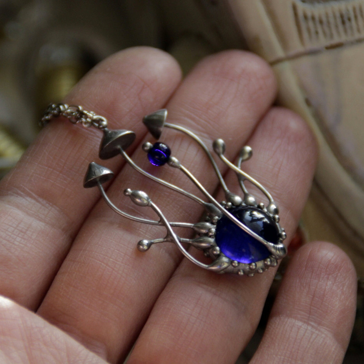 Blue Stained Glass Mushroom Cluster Necklace – Silver Tone