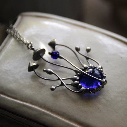 Blue Stained Glass Mushroom Cluster Necklace – Silver Tone