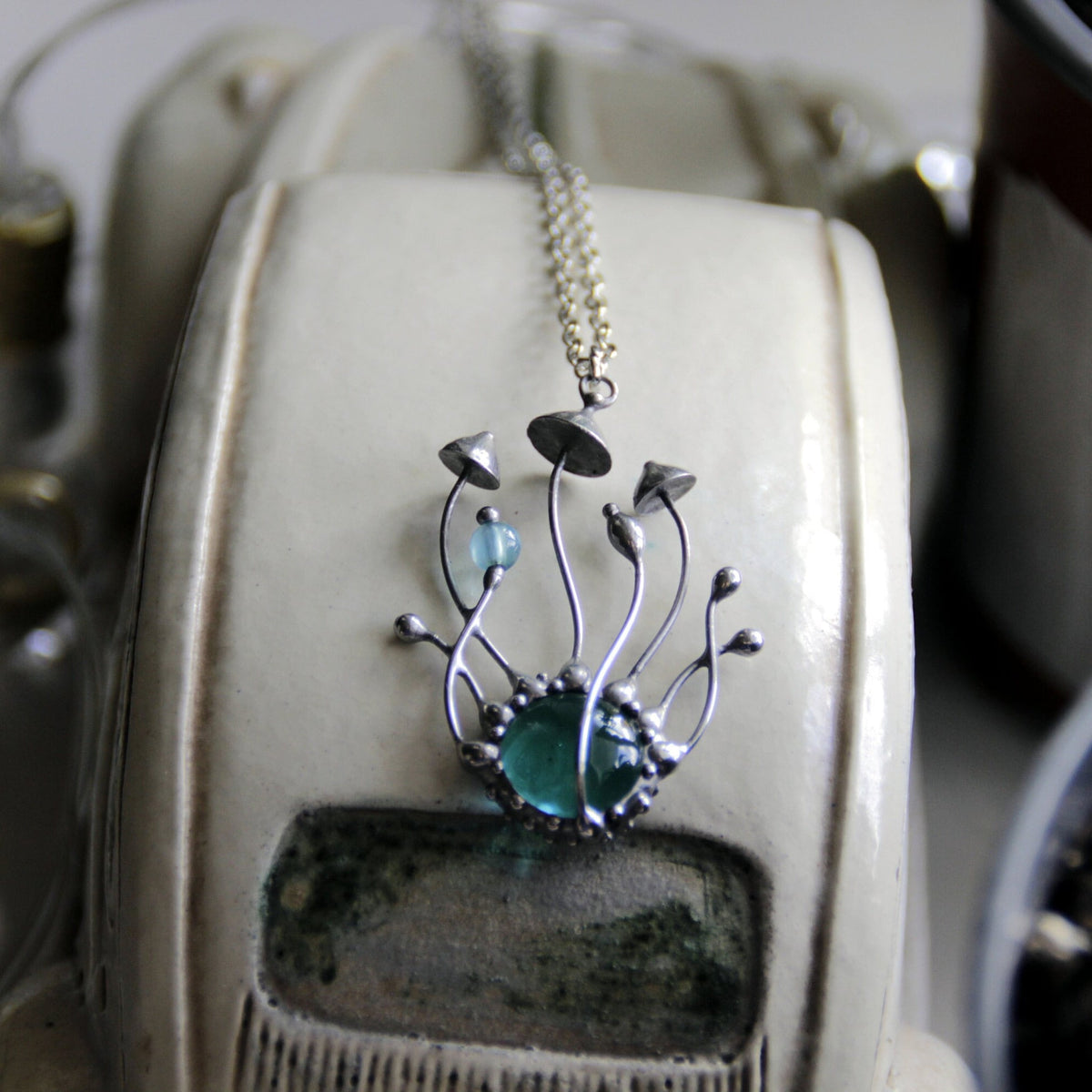 Blue Glass Mushroom Cluster Necklace – Silver Tone