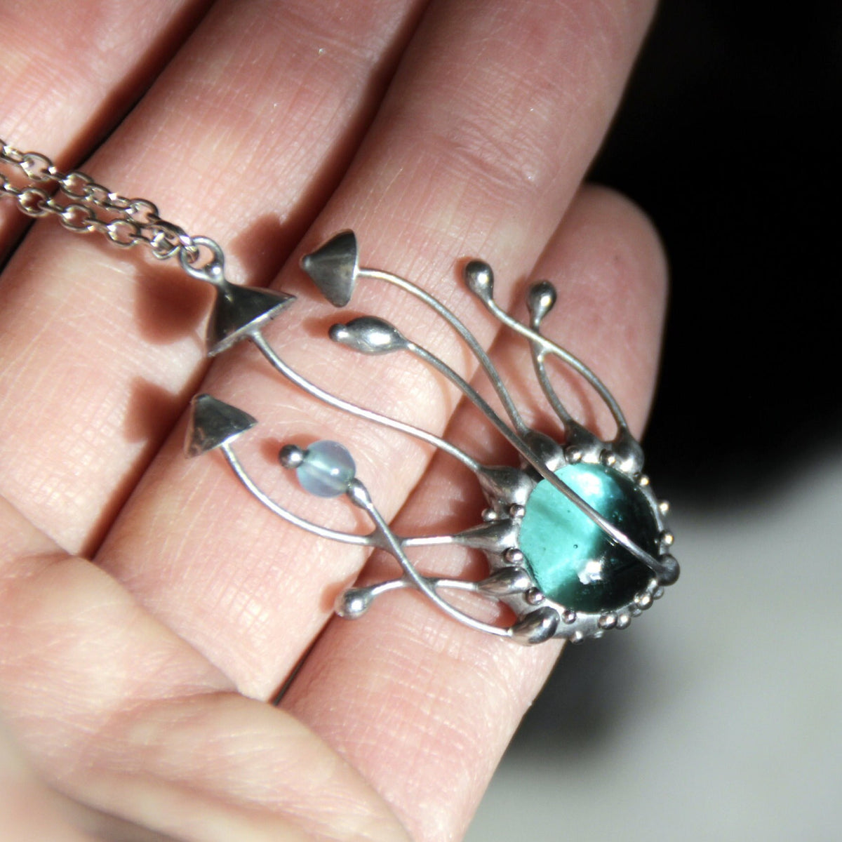 Blue Glass Mushroom Cluster Necklace – Silver Tone