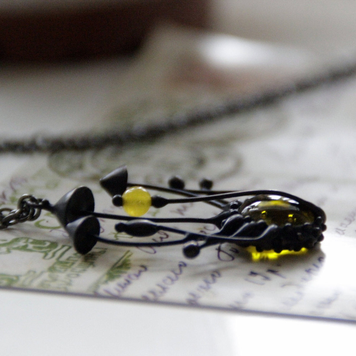 Yellow Glass Mushroom Cluster Necklace – Blackened Copper