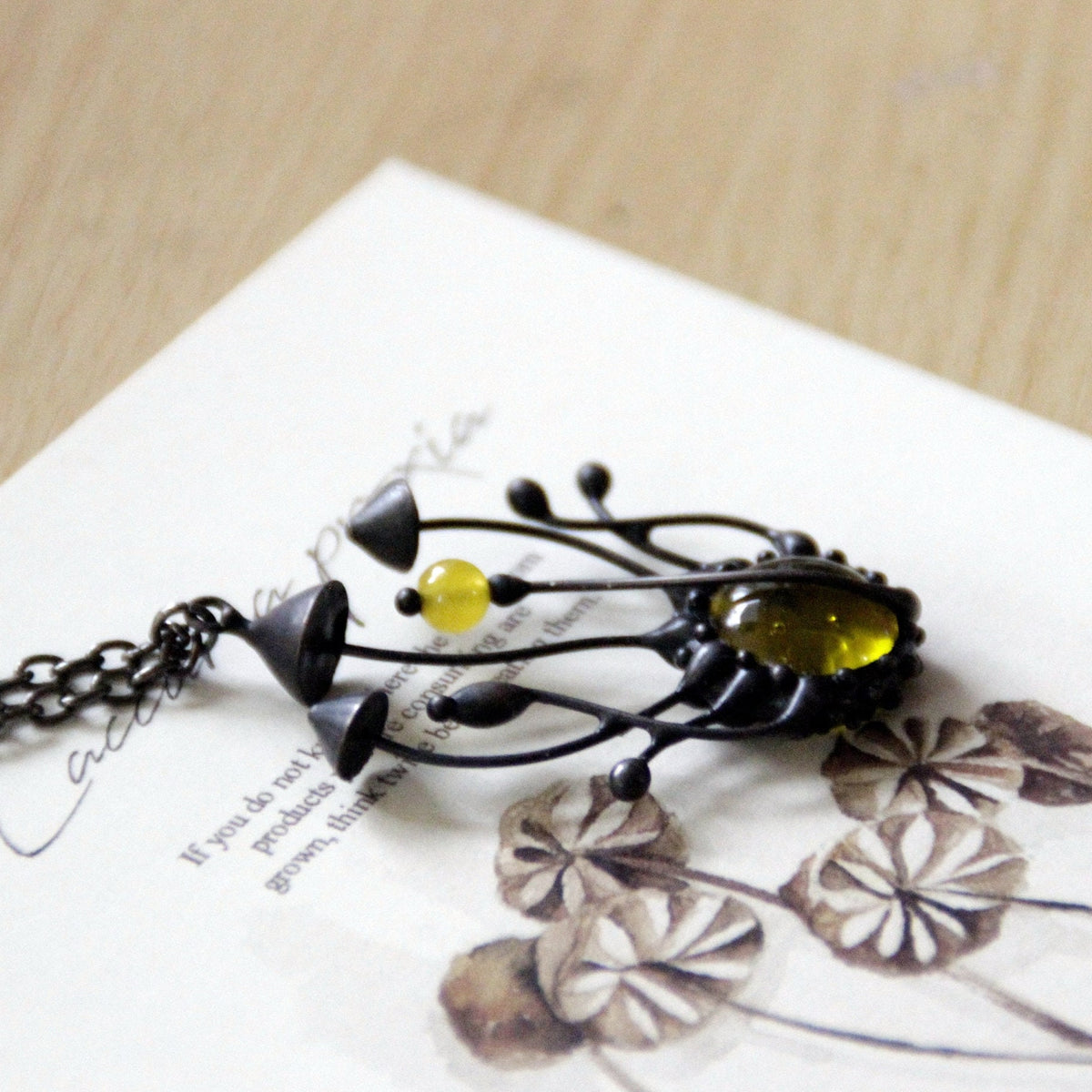 Yellow Glass Mushroom Cluster Necklace – Blackened Copper
