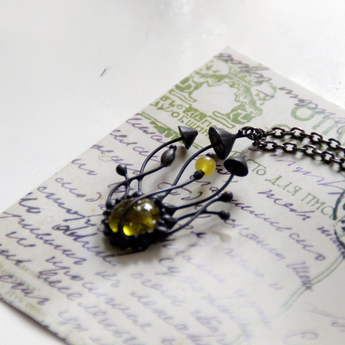 Yellow Glass Mushroom Cluster Necklace – Blackened Copper
