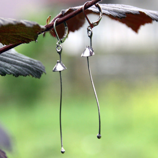 Silver Tone Mushroom Earrings – Long Copper & Pewter Forest Dangles – Minimalist Botanical
