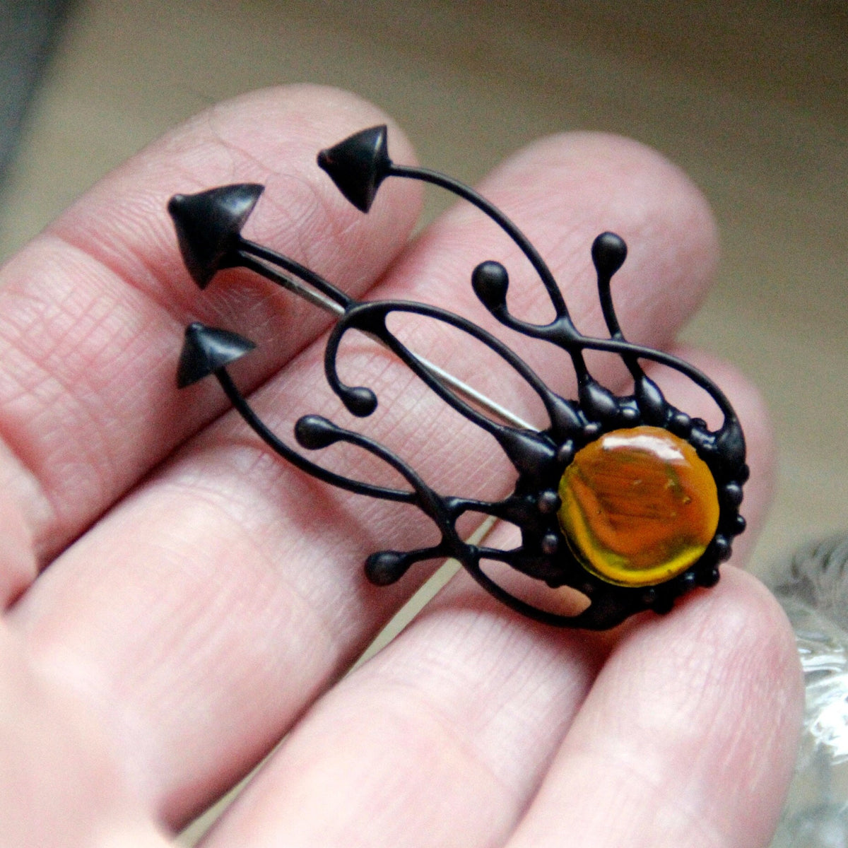 Yellow Glass Mushroom Cluster Brooch – Blackened Copper