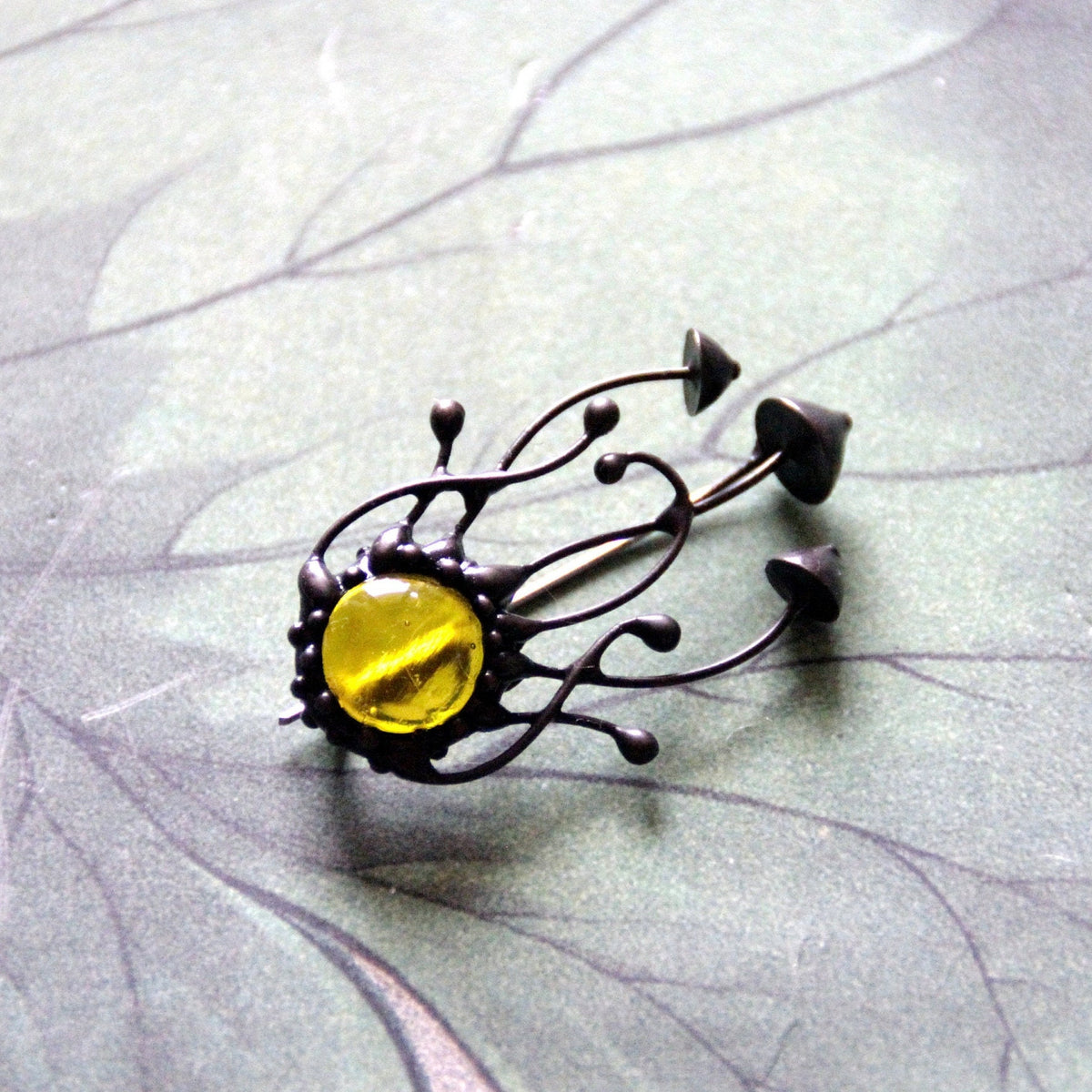 Yellow Glass Mushroom Cluster Brooch – Blackened Copper
