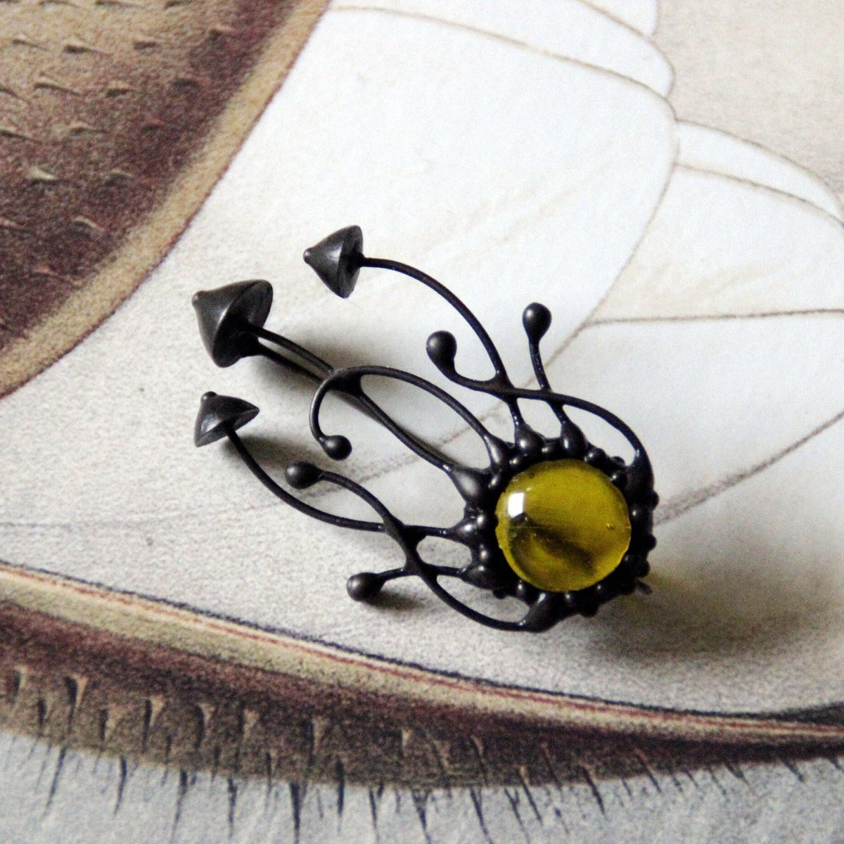 Yellow Glass Mushroom Cluster Brooch – Blackened Copper