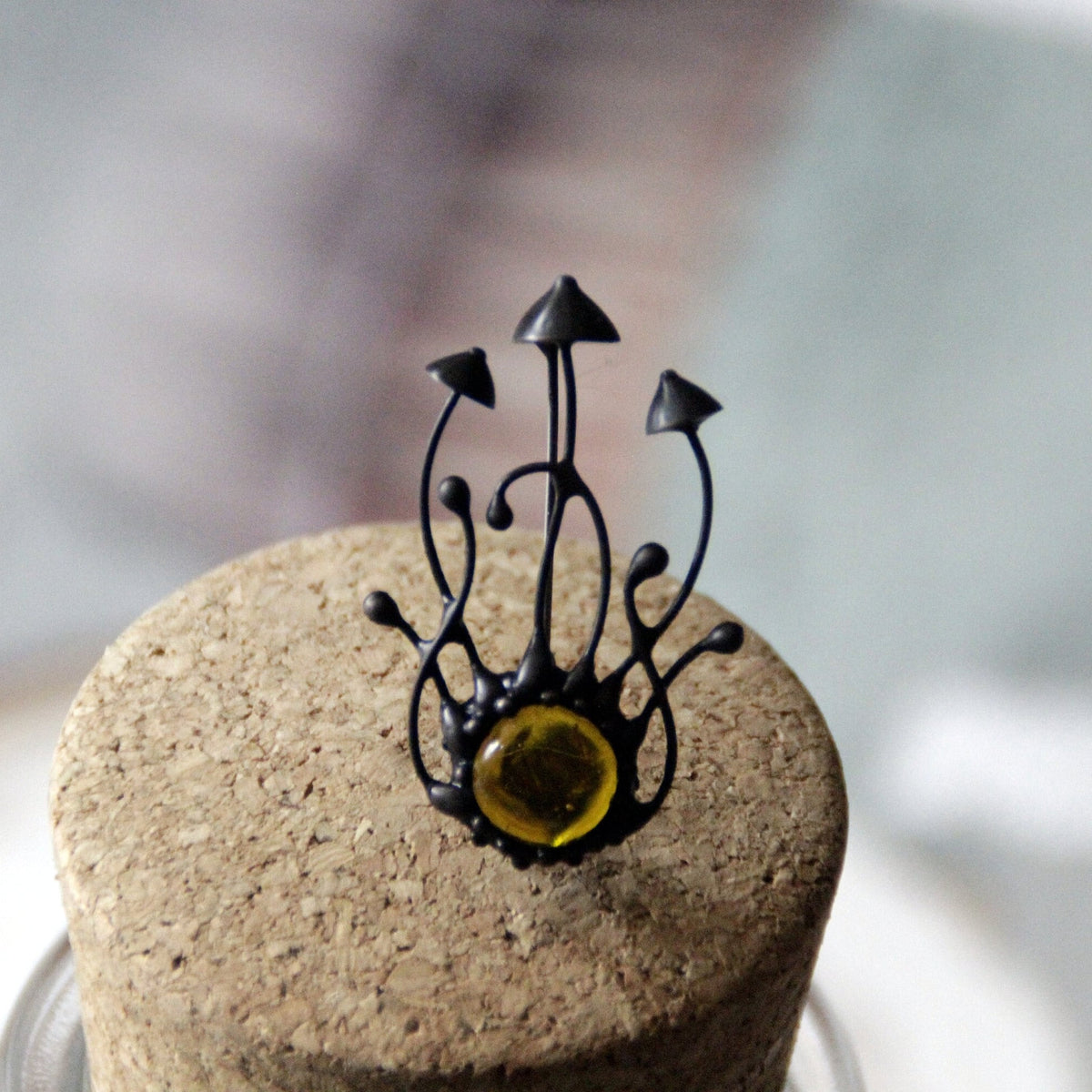Yellow Glass Mushroom Cluster Brooch – Blackened Copper