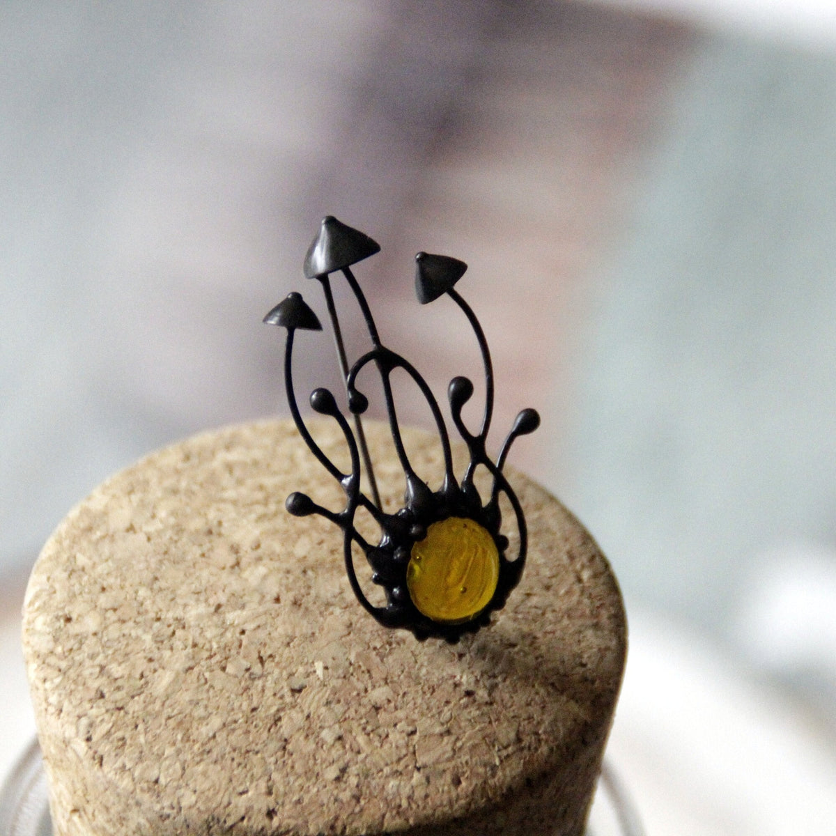Yellow Glass Mushroom Cluster Brooch – Blackened Copper