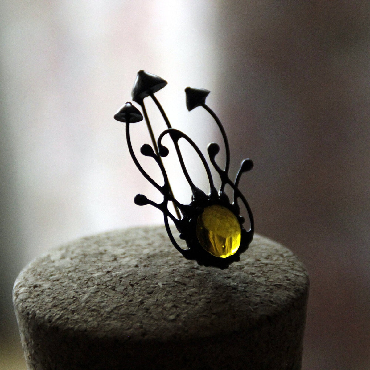 Yellow Glass Mushroom Cluster Brooch – Blackened Copper