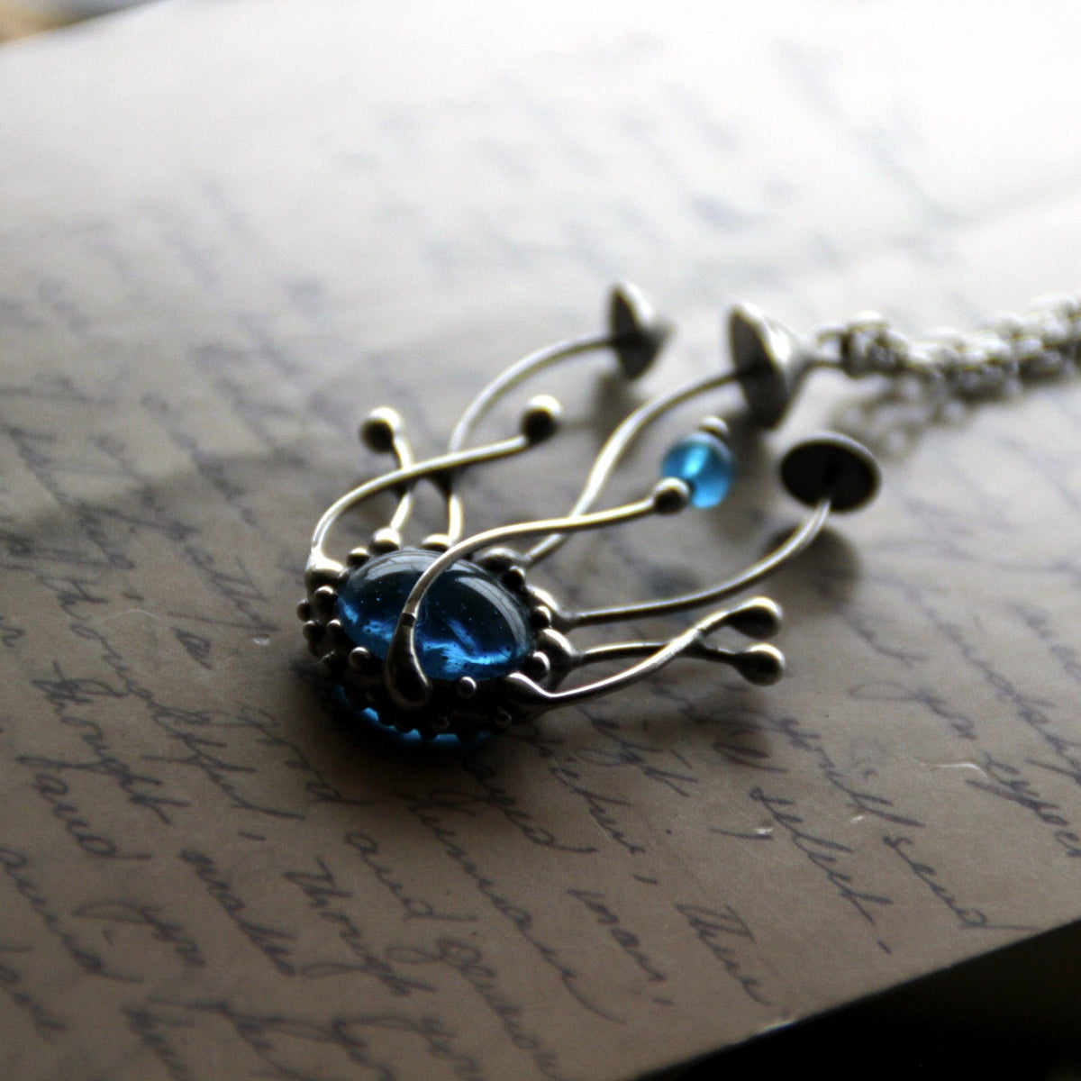 Blue Glass Mushroom Cluster Pendant – Silver Tone