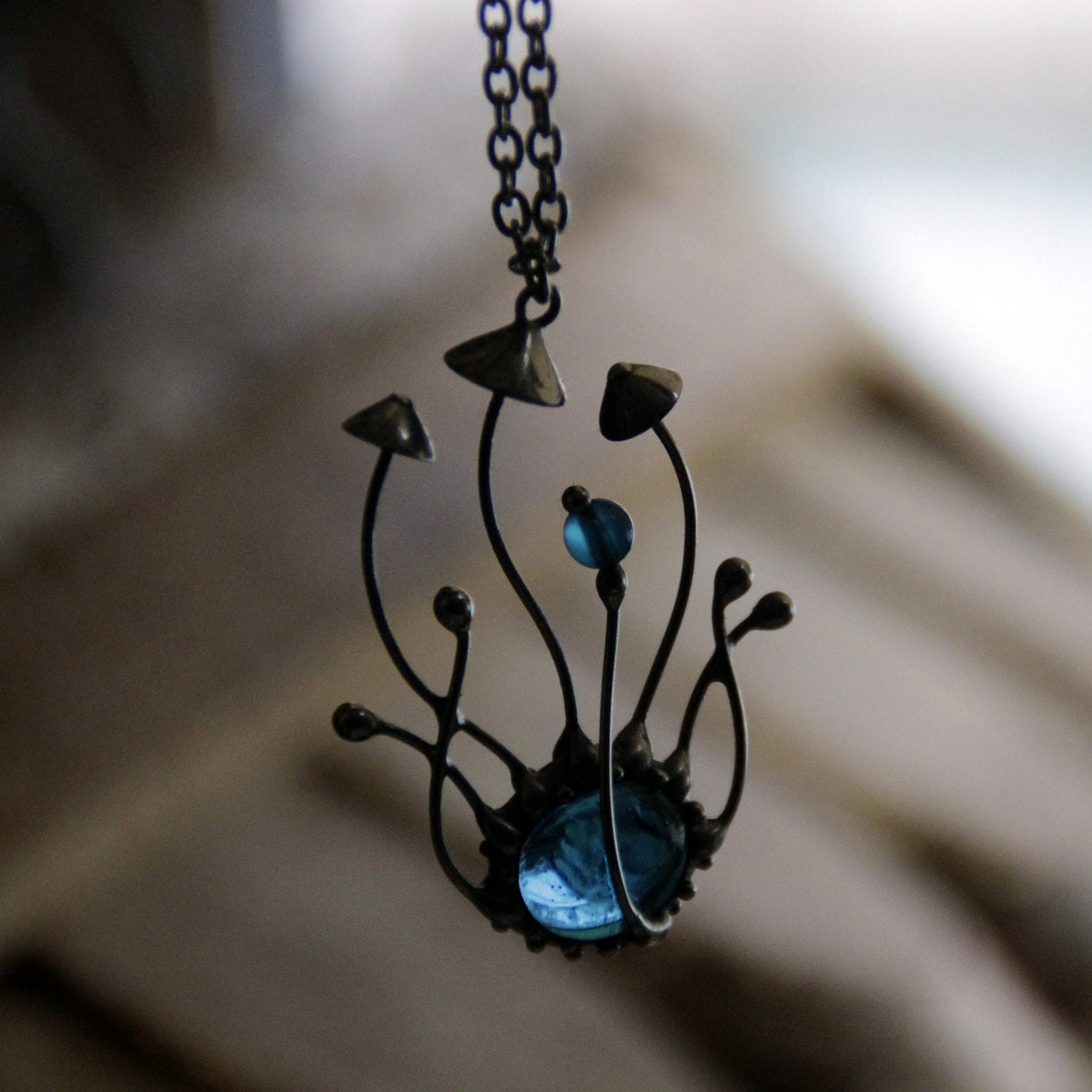 Blue Glass Mushroom Cluster Pendant – Silver Tone
