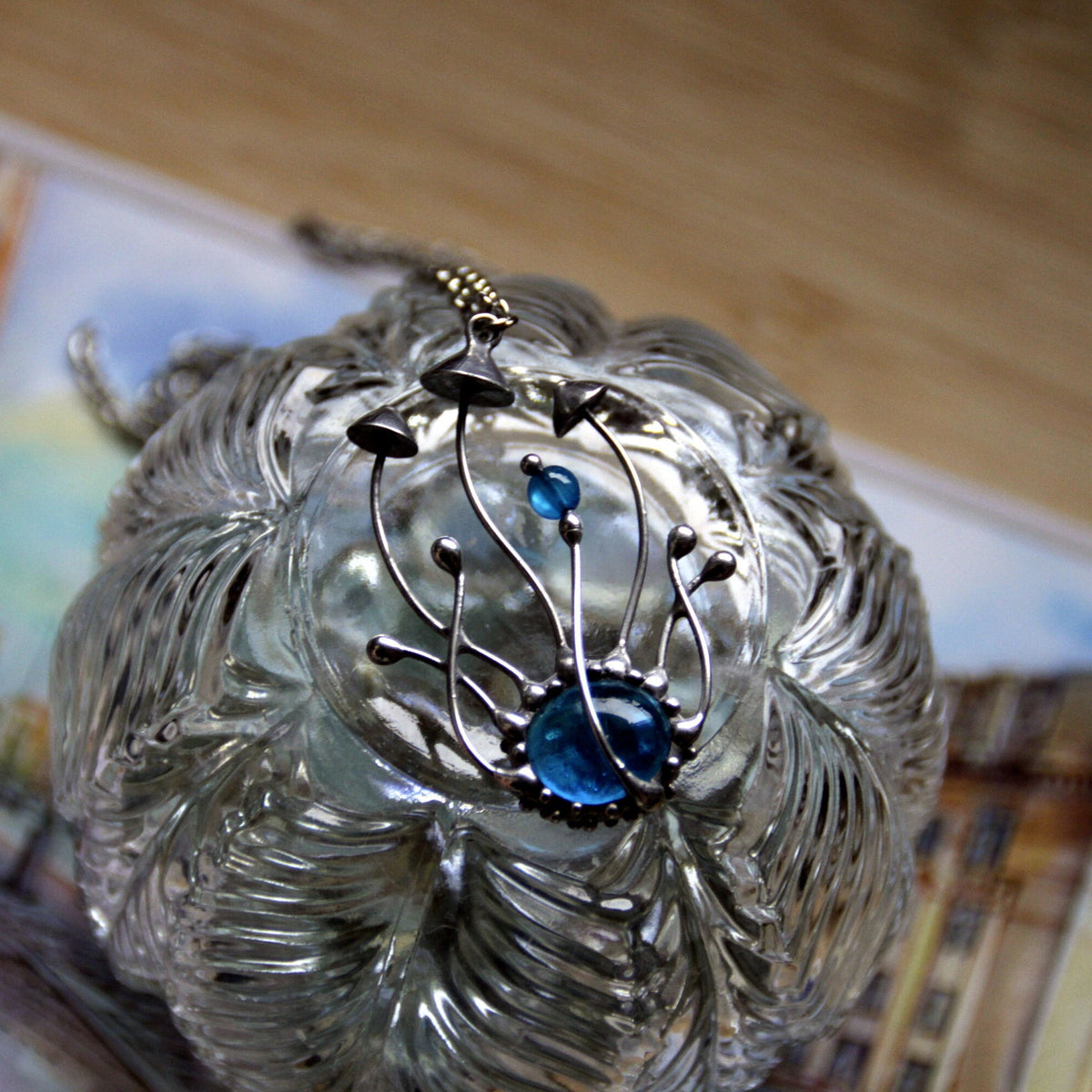 Blue Glass Mushroom Cluster Pendant – Silver Tone