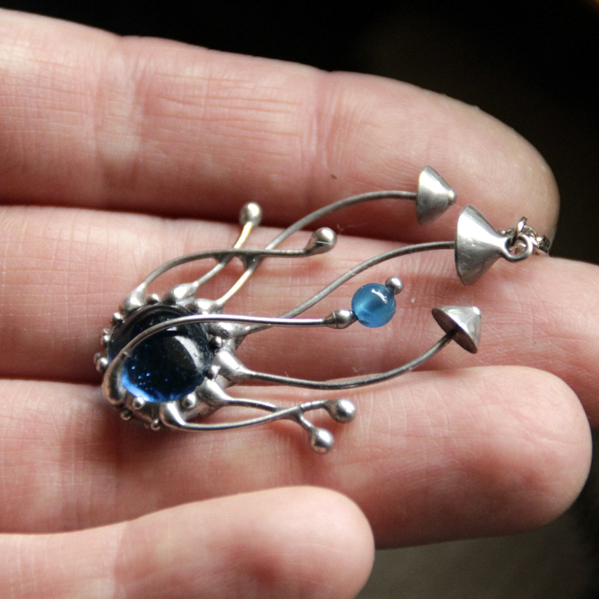 Blue Glass Mushroom Cluster Pendant – Silver Tone