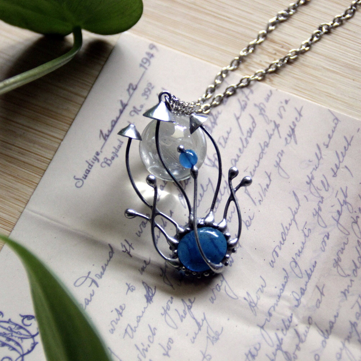 Blue Glass Mushroom Cluster Pendant – Silver Tone