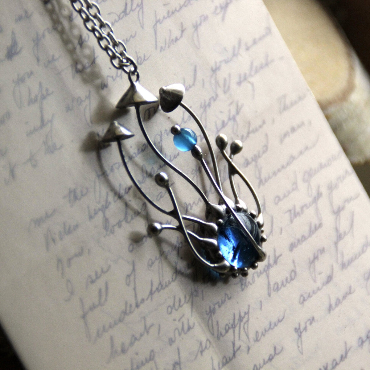 Blue Glass Mushroom Cluster Pendant – Silver Tone
