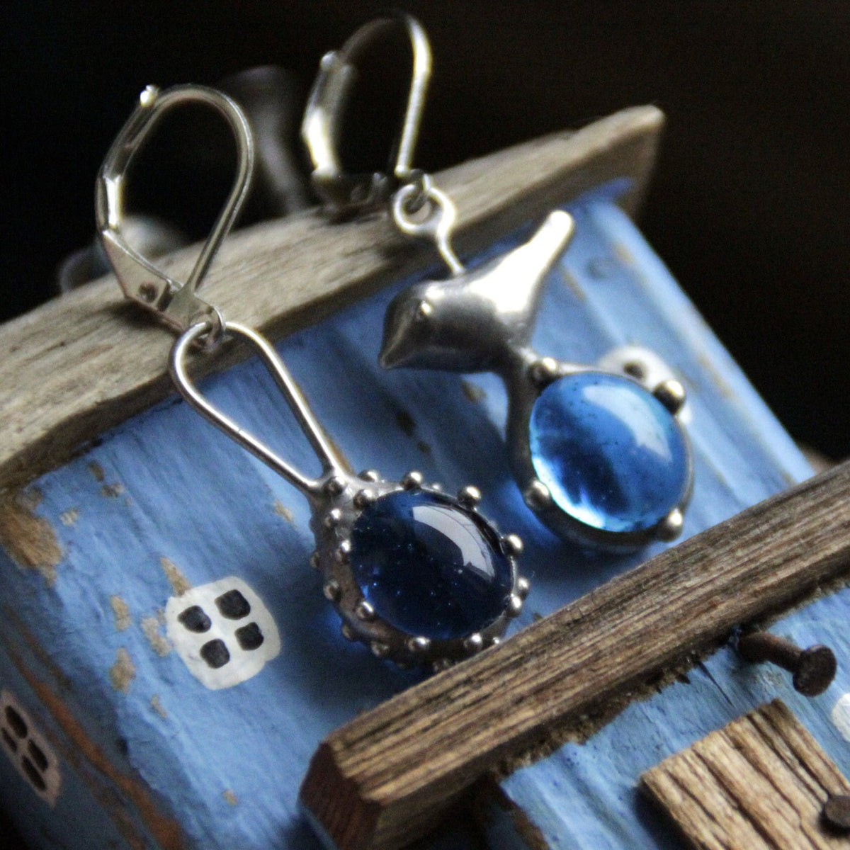 Blue Glass Bird Mismatched Earrings – Silver Tone