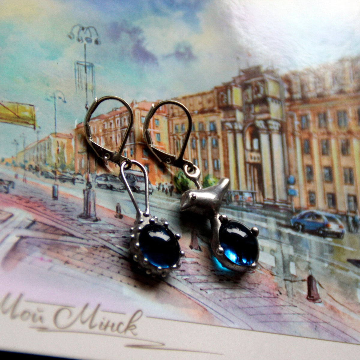 Blue Glass Bird Mismatched Earrings – Silver Tone