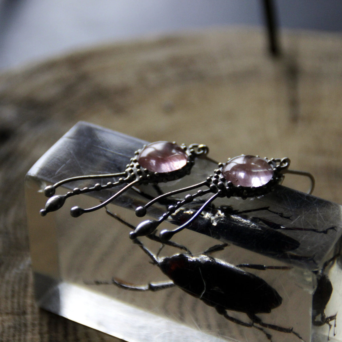 Oval Watermelon Quartz Jellyfish Earrings – Silver Tone