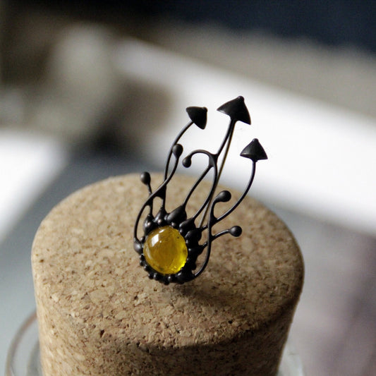 Yellow Glass Mushroom Cluster Brooch – Blackened Copper