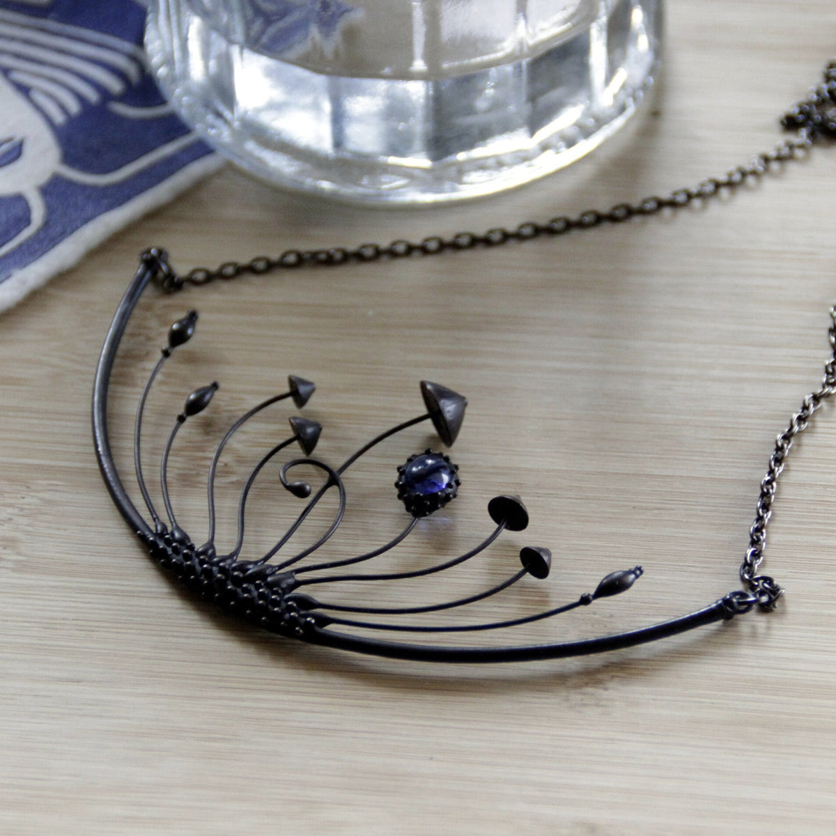 Blue Stained Glass Mushroom Statement Necklace – Blackened Copper
