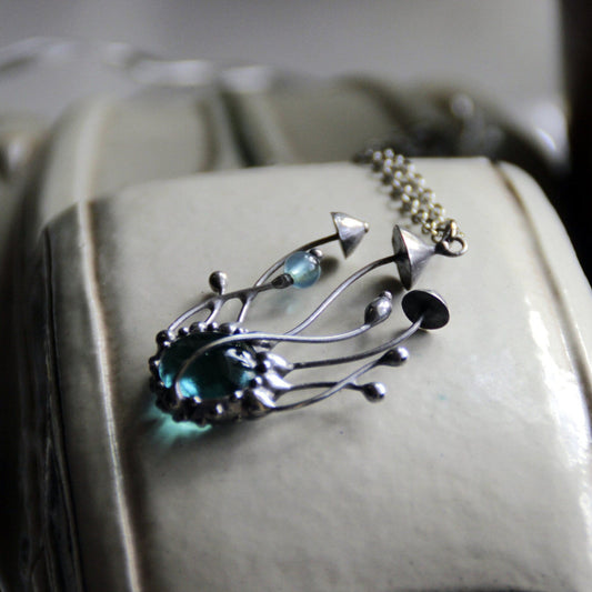 Blue Glass Mushroom Cluster Necklace – Silver Tone