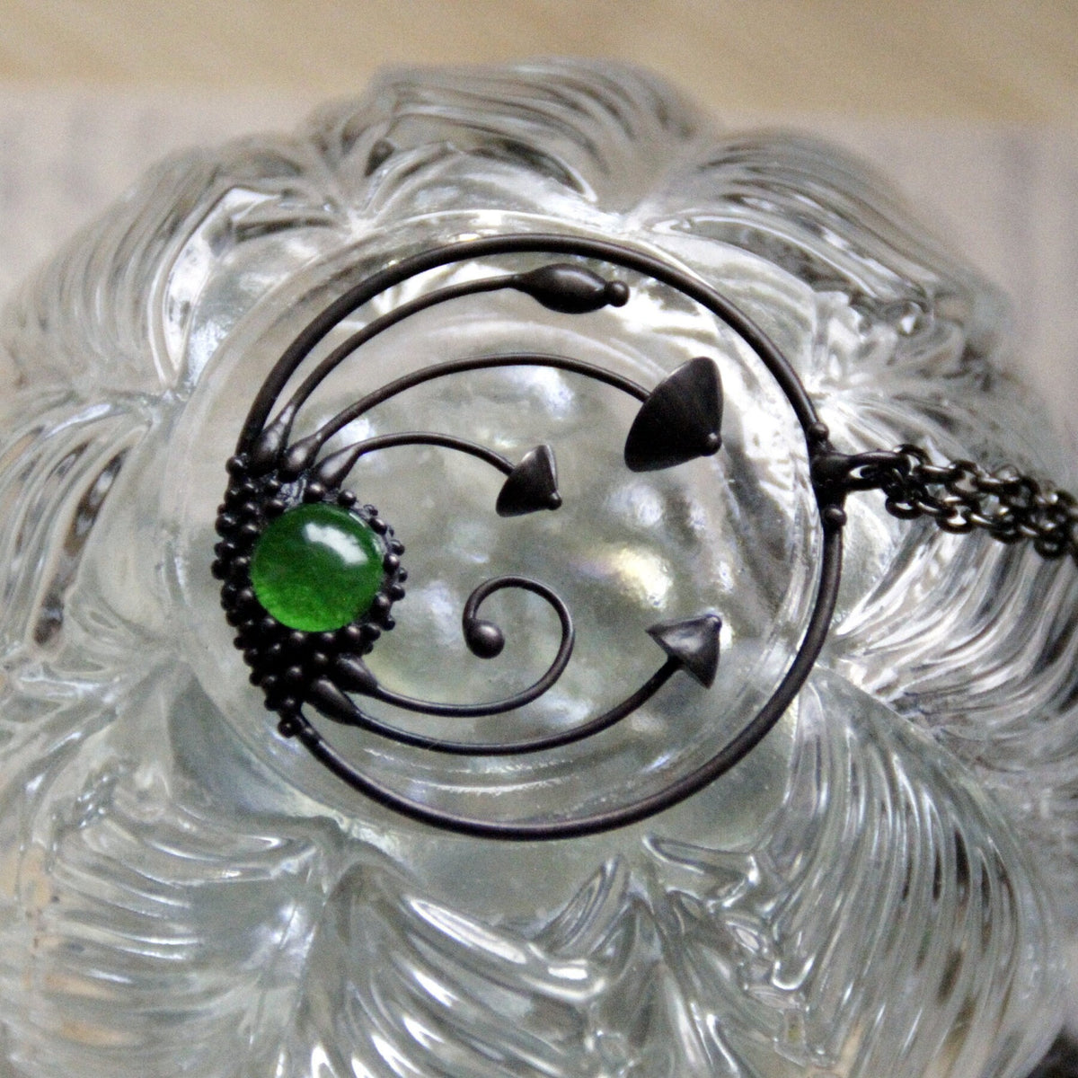 Green Stained Glass Mushroom Circle Necklace – Blackened Copper