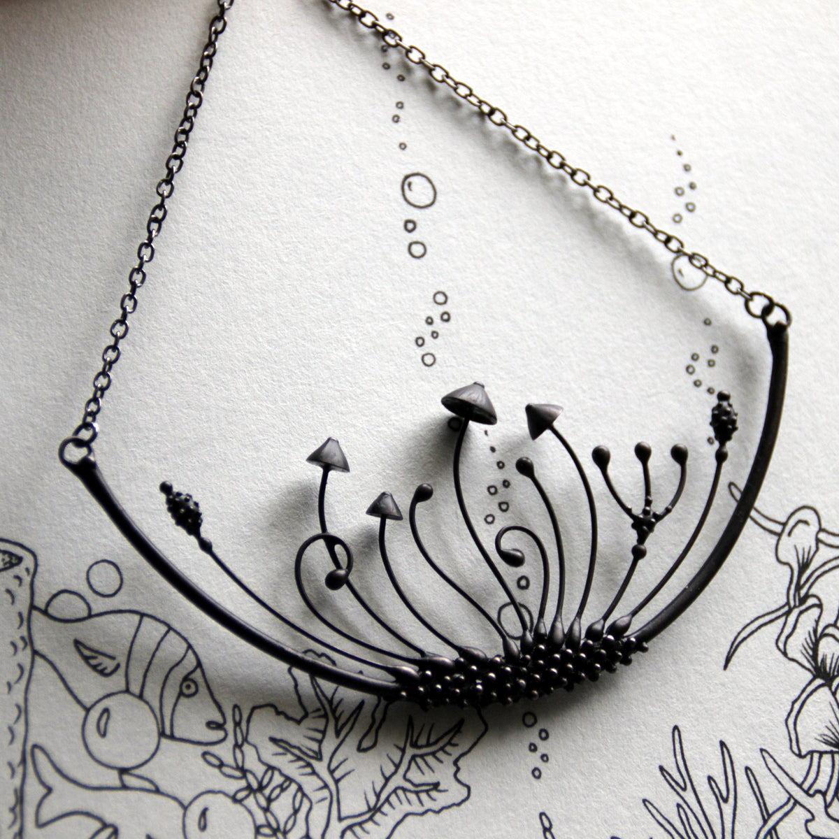 Four Mushroom Crescent Collar Necklace – Blackened Copper