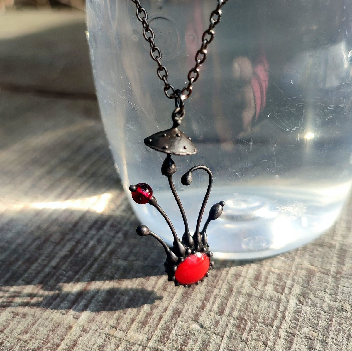 Red Glass Amanita Mushroom Necklace – Blackened Copper & Pewter Forest Pendant