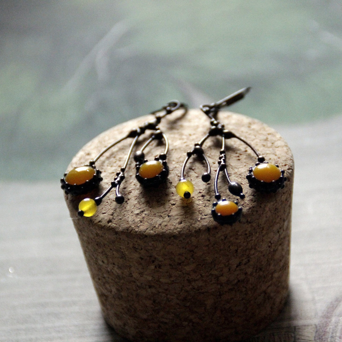 Yellow Glass Asymmetrical Branch Earrings – Blackened Copper