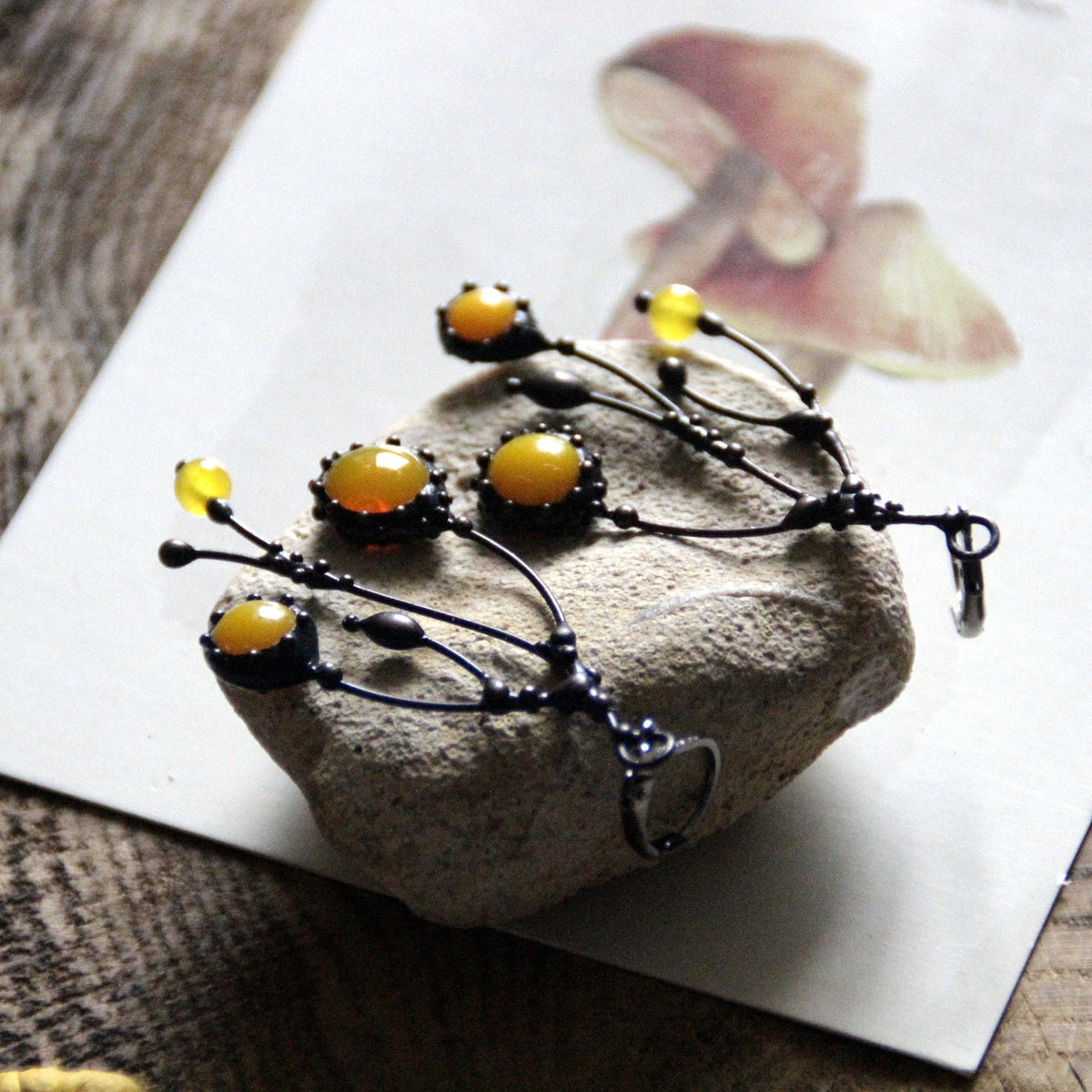 Yellow Glass Asymmetrical Branch Earrings – Blackened Copper