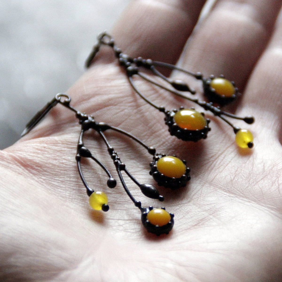 Yellow Glass Asymmetrical Branch Earrings – Blackened Copper