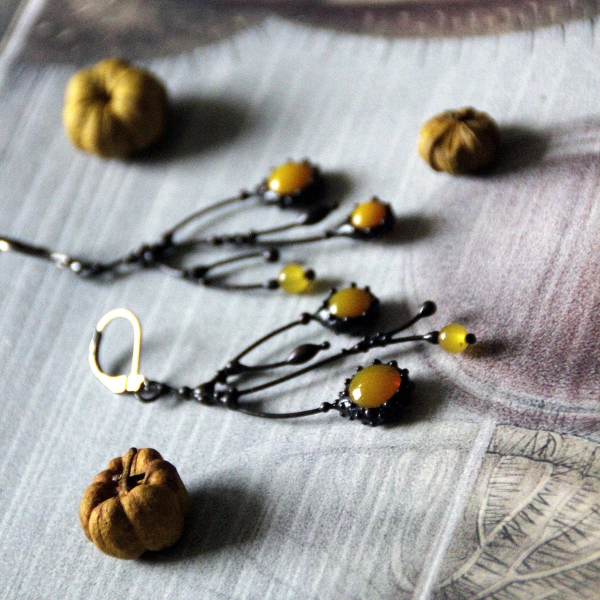 Yellow Glass Asymmetrical Branch Earrings – Blackened Copper